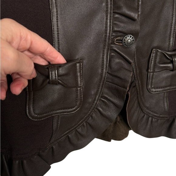 Michael Simon chocolate Brown Lamb Leather/Sweater Long Sleeve Jacket Ruffle S - Picture 6 of 13